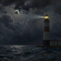 Leuchtturm an der Nordseeküste in stürmischer Nacht — Bildmetapher für den Guru, der in der Dunkelheit den Weg weist