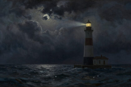Leuchtturm an der Nordseeküste in stürmischer Nacht — Bildmetapher für den Guru, der in der Dunkelheit den Weg weist