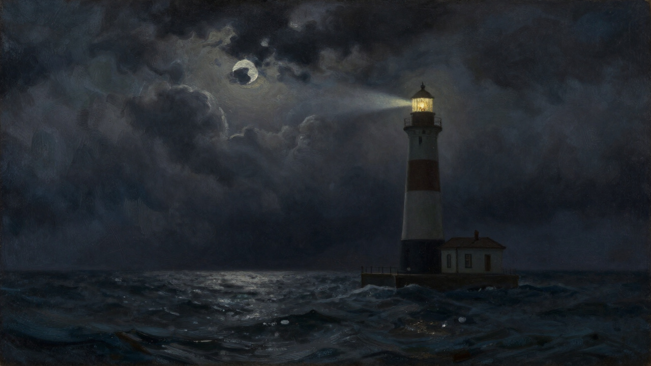 Leuchtturm an der Nordseeküste in stürmischer Nacht — Bildmetapher für den Guru, der in der Dunkelheit den Weg weist