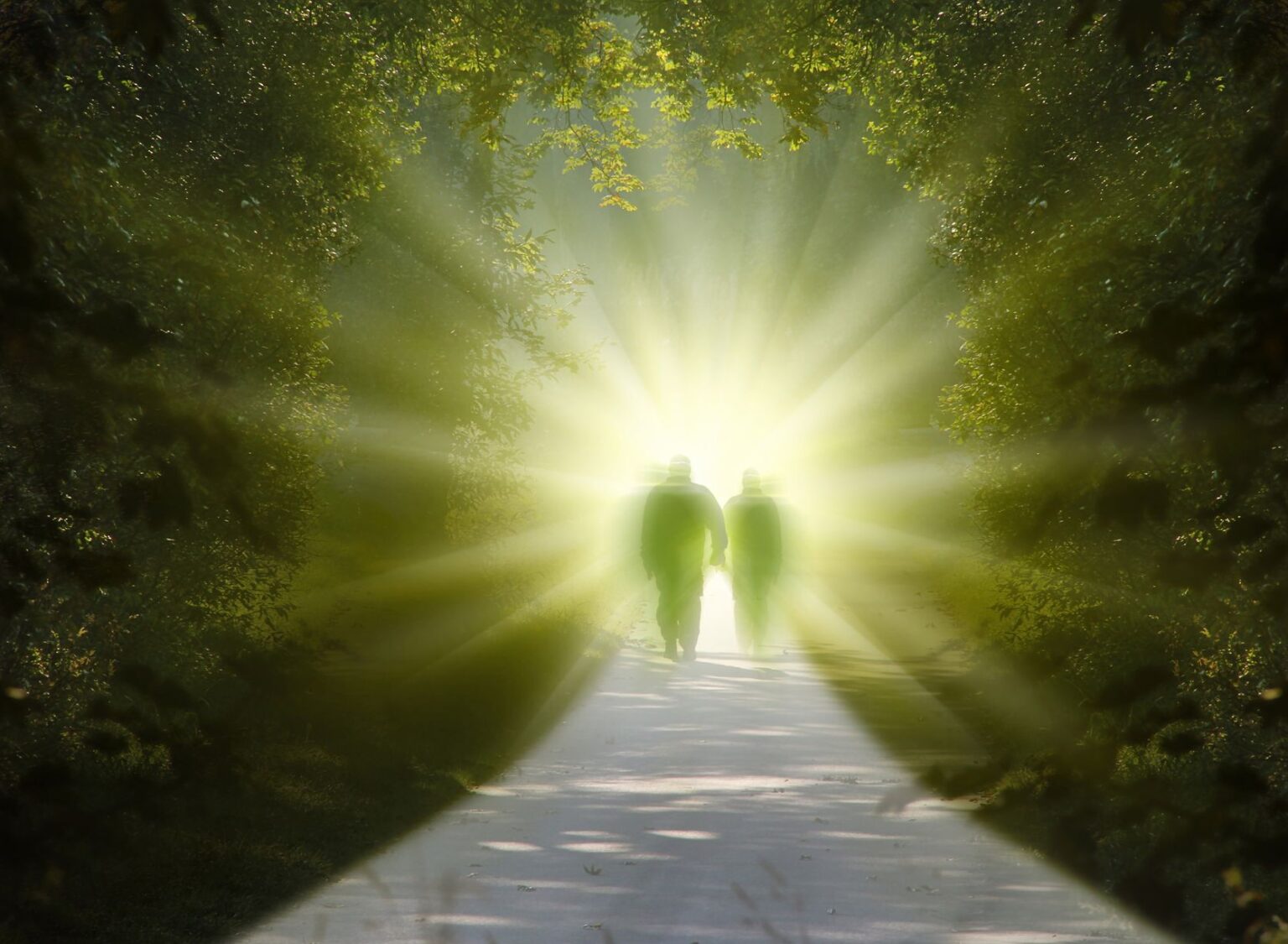 Zwei Personen gehen auf einem Weg zum Licht