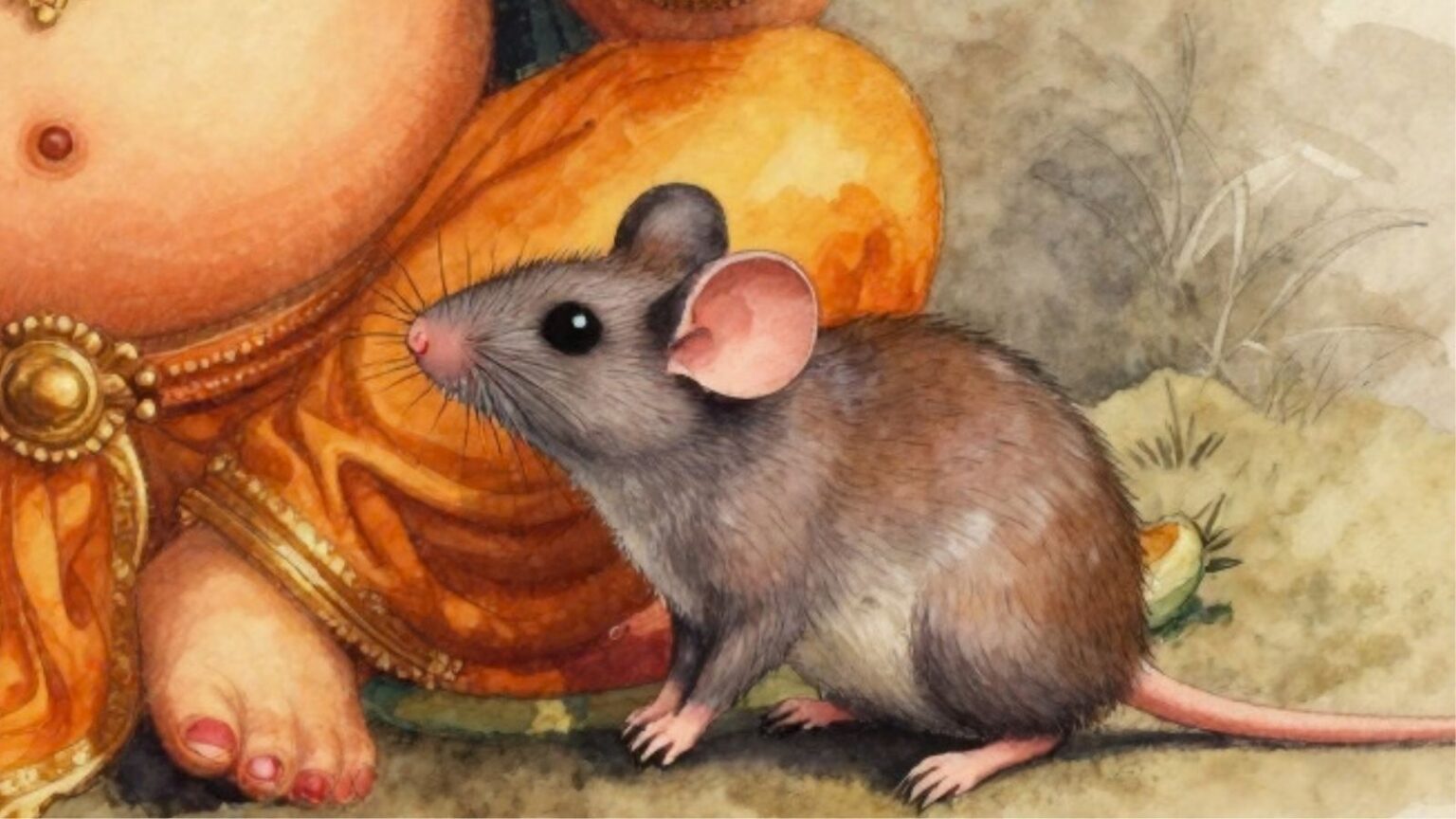 Ganeshas Reittier, die Maus Mushika sitzt zu seinen Füßen