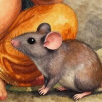 Ganeshas Reittier, die Maus Mushika sitzt zu seinen Füßen