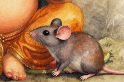 Ganeshas Reittier, die Maus Mushika sitzt zu seinen Füßen