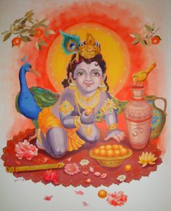Krishna, als Wandbild im Speisesaal